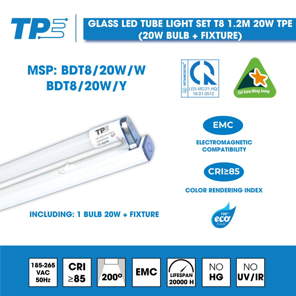 Glass LED Tube Light Set T8 1.2M 20W TPE (20W Bulb + Fixture)