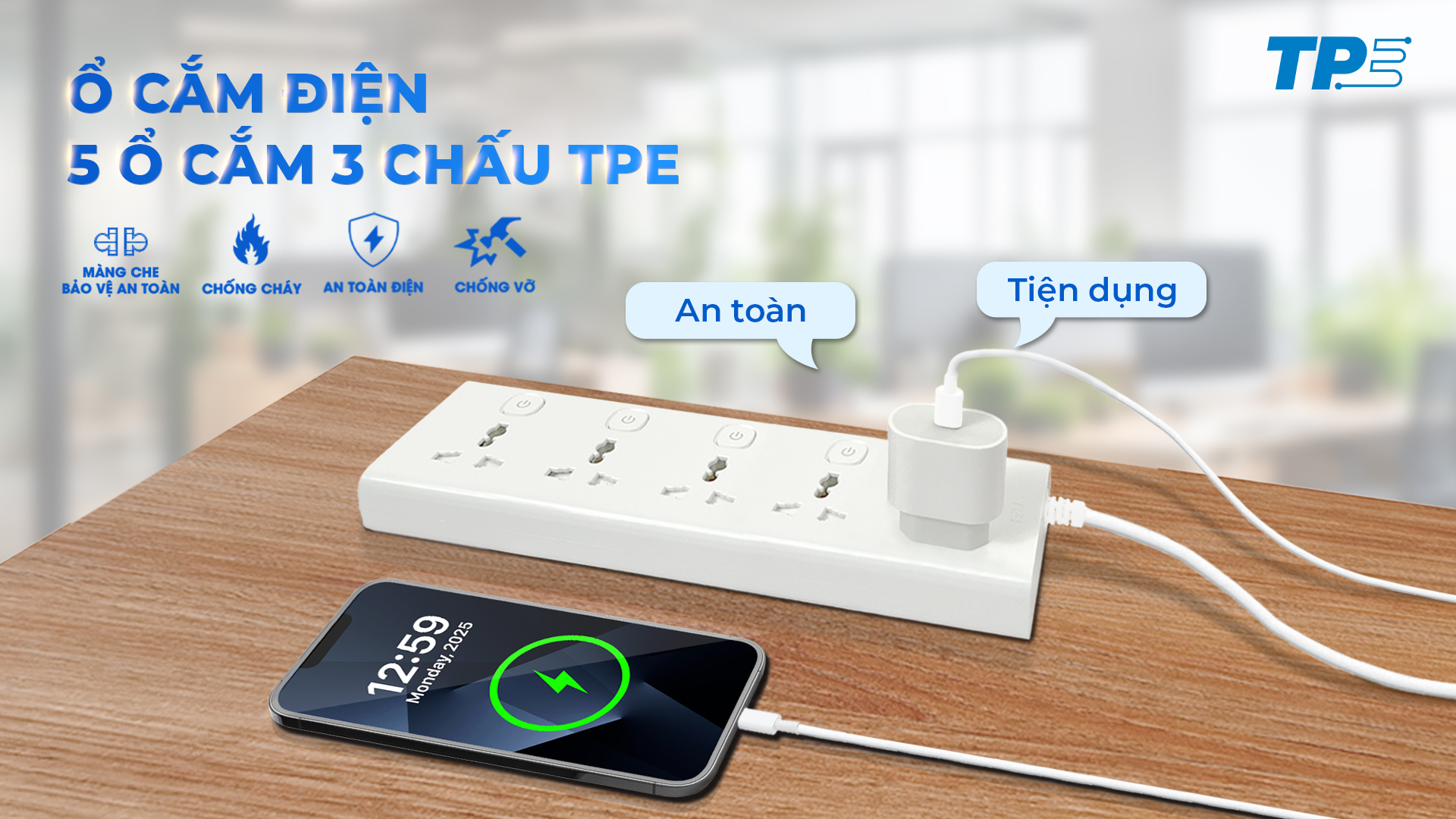 Ổ CẮM ĐIỆN 5 Ổ CẮM 3 CHẤU TPE: AN TOÀN, TIỆN DỤNG
