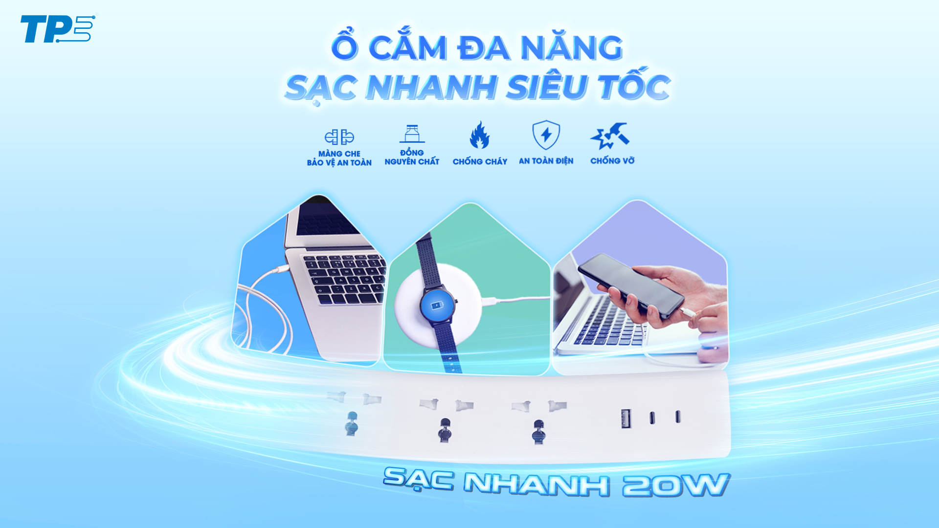 Ổ CẮM SẠC NHANH USB 20W TPE: Ổ CẮM ĐA NĂNG, SẠC NHANH SIÊU TỐC