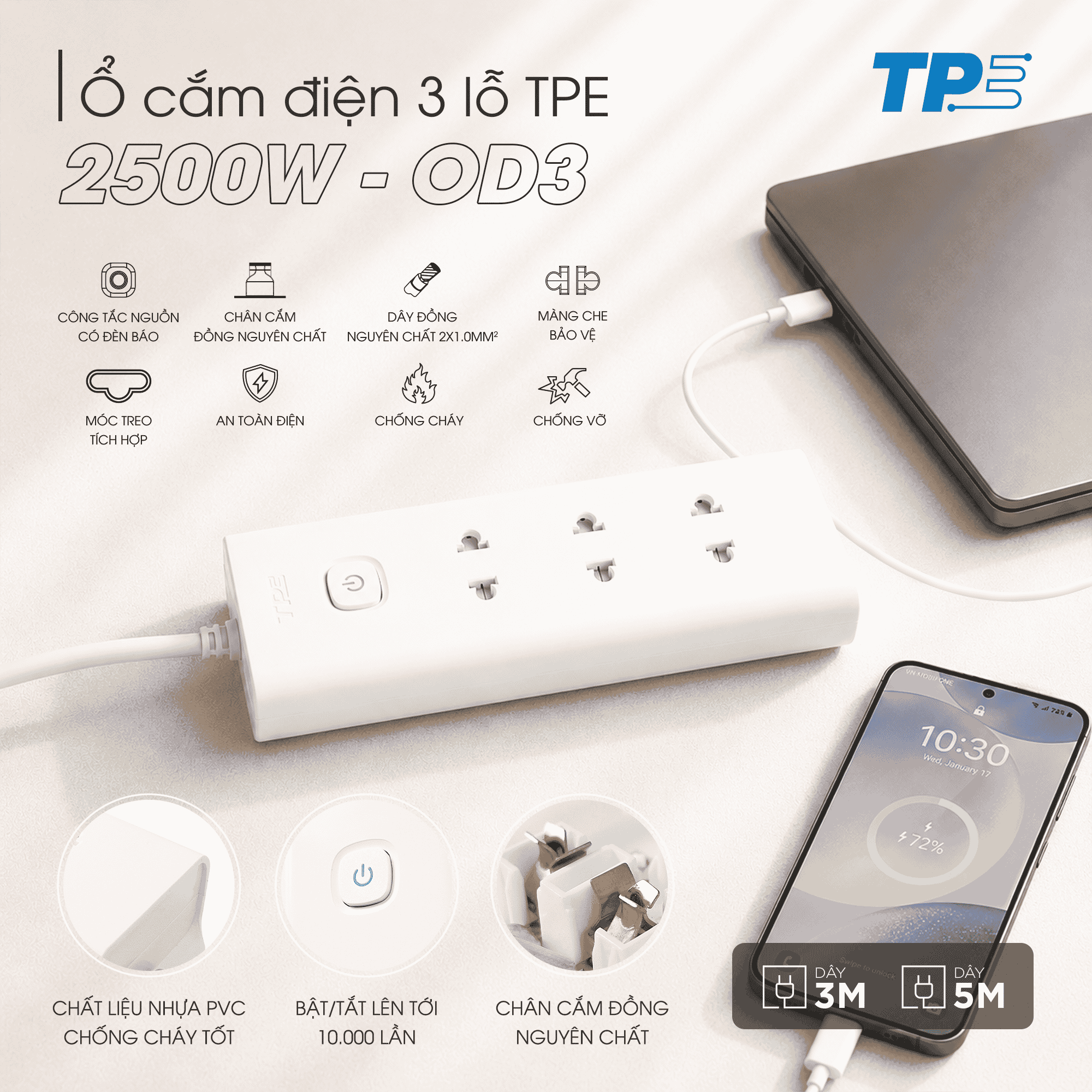 Ổ CẮM ĐIỆN 3 LỖ TPE 2500W OD3 – AN TOÀN, BỀN BỈ, CHỐNG CHÁY