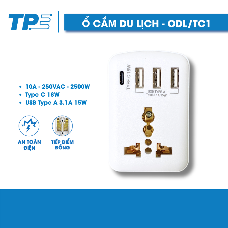 Ổ Cắm Du Lịch TPE ODL/TC1- 1 Ổ 3 Chấu, 3 Cổng Sạc Type A, 1 Cổng Sạc Nhanh Type C 18W