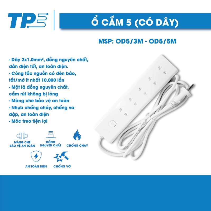 Ổ Cắm Điện TPE – 5 Lỗ (Dây 3M, 5M)